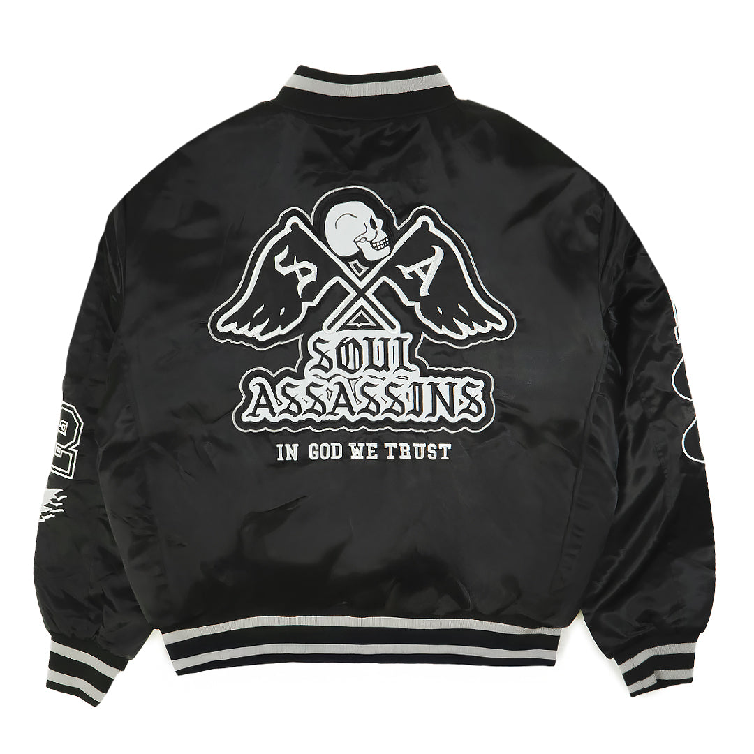 IN GOD WE TRUST VARSITY BOMBER JACKET (BLACK) – Soul Assassins