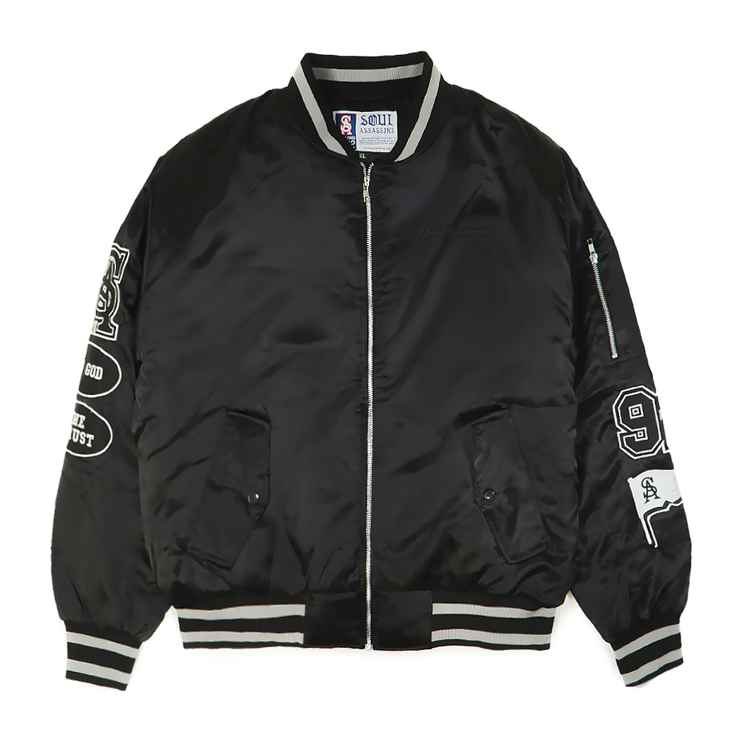 IN GOD WE TRUST VARSITY BOMBER JACKET (BLACK) – Soul Assassins