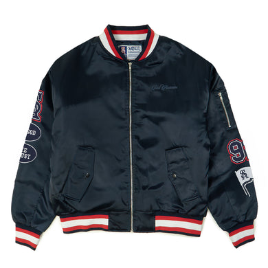 IN GOD WE TRUST VARSITY BOMBER JACKET (NAVY / RED)